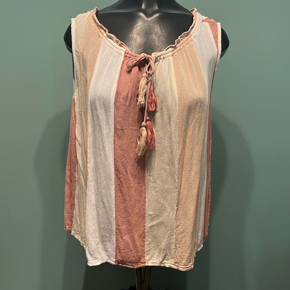 Sleeveless Striped Tassel Tie Tank Top - Pink/Cream